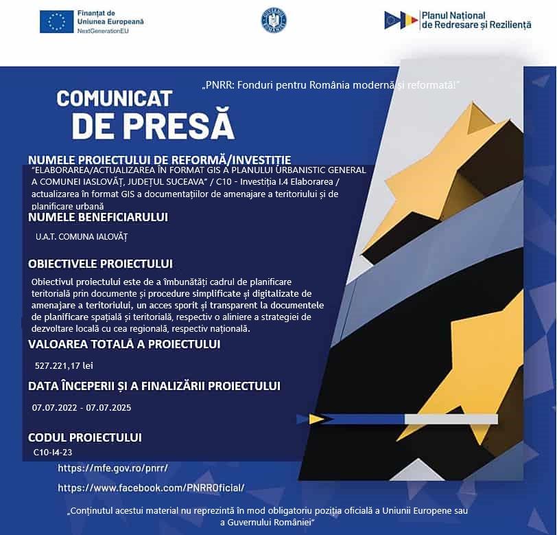 Comunicat de presa comuna Iaslovat incepere proiect PNRR